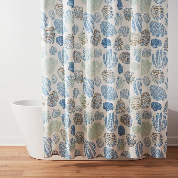 Threshold Coastal Blue Seashells Print Shower Curtain w 12 Chrome Finish S Hooks - Picture 1 of 7